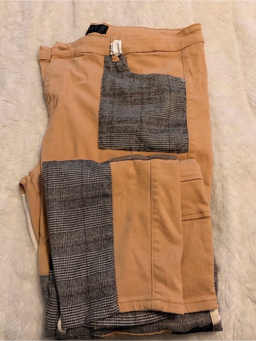 THRT Men's Tan Patchwork Casual Pants with Plaid Accents